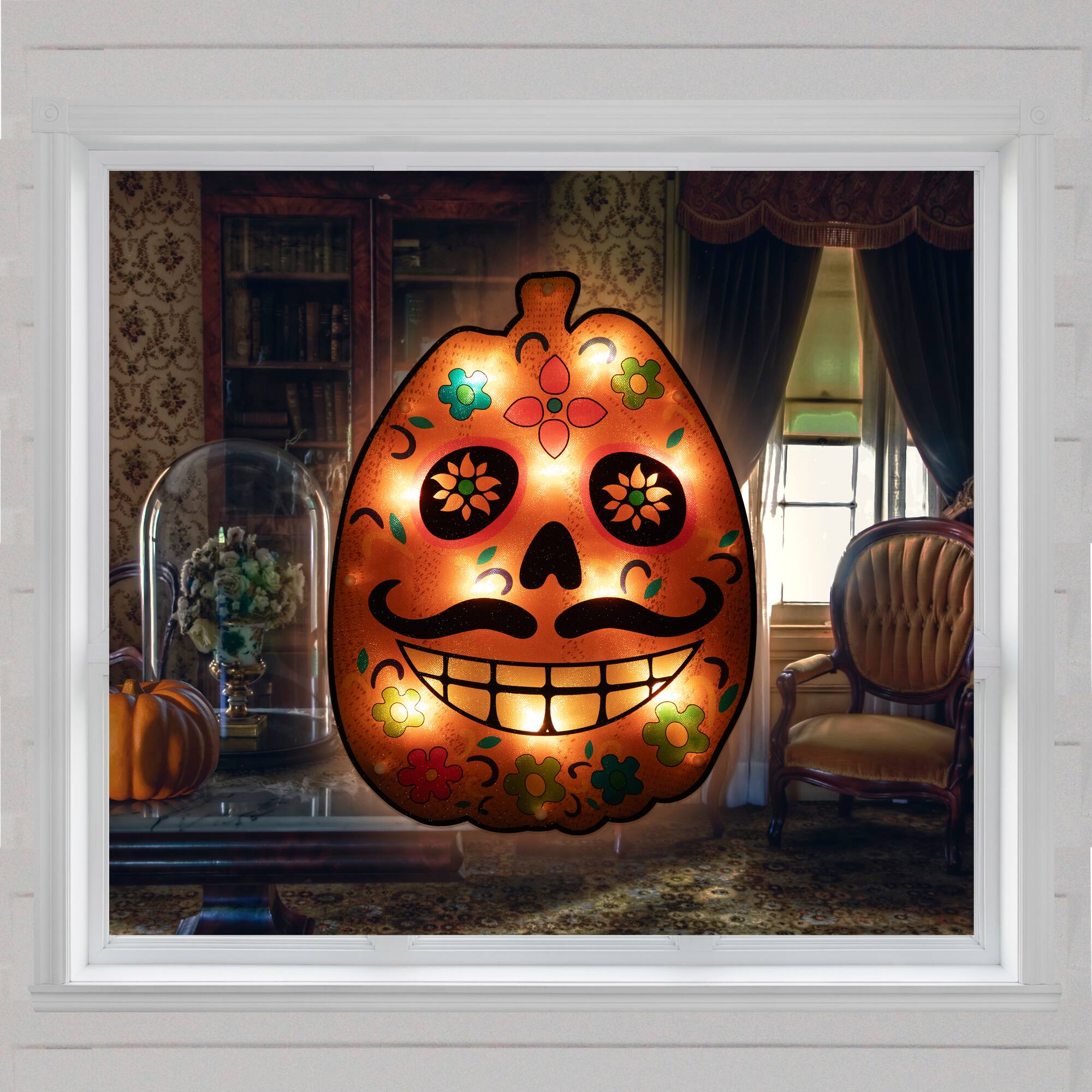 15" Lighted Sugar Skull Pumpkin Halloween Window Silhouette